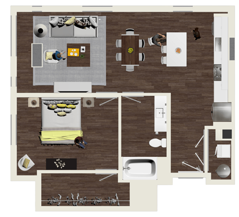 Floor plan for 1 bed, 1 bath, 906 sqft